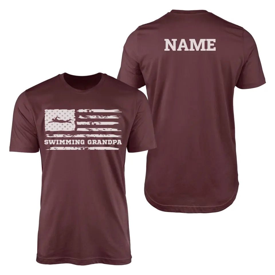 Swimming Grandpa Horizontal Flag With Swimmer Name on a Men's T-Shirt with a White Graphic