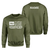 Swimming Mom Horizontal Flag With Swimmer Name on a Sweatshirt with a White Graphic