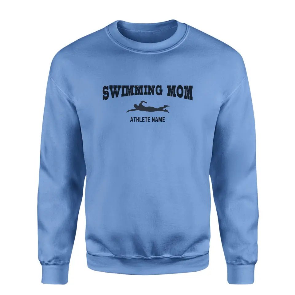 Swimming Mom with Swimmer Icon and Swimmer Name on a Sweatshirt with a Black Graphic