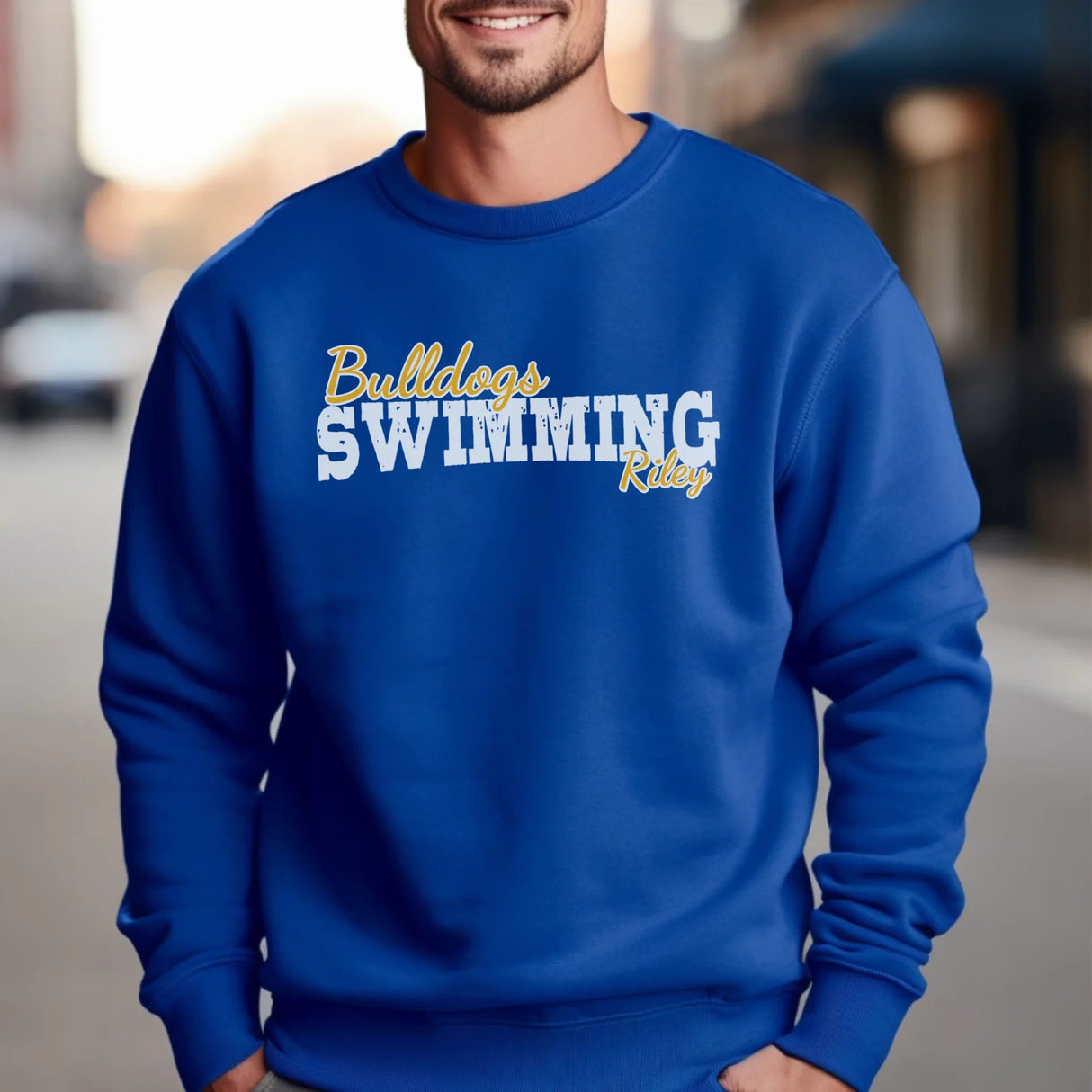 Custom Swimming Mascot and Swimmer Name on a Sweatshirt with a White Graphic