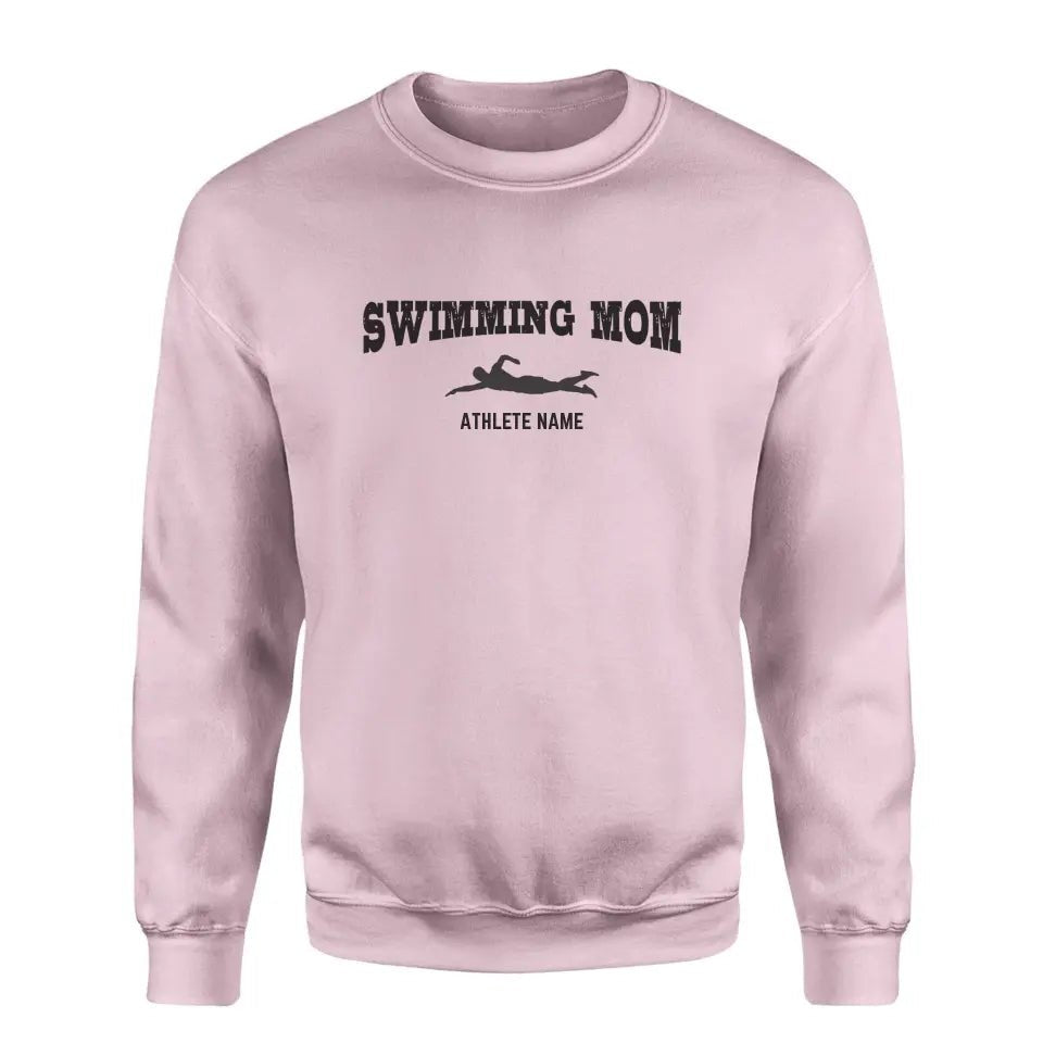 Swimming Mom with Swimmer Icon and Swimmer Name on a Sweatshirt with a Black Graphic