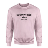 Swimming Mom with Swimmer Icon and Swimmer Name on a Sweatshirt with a Black Graphic