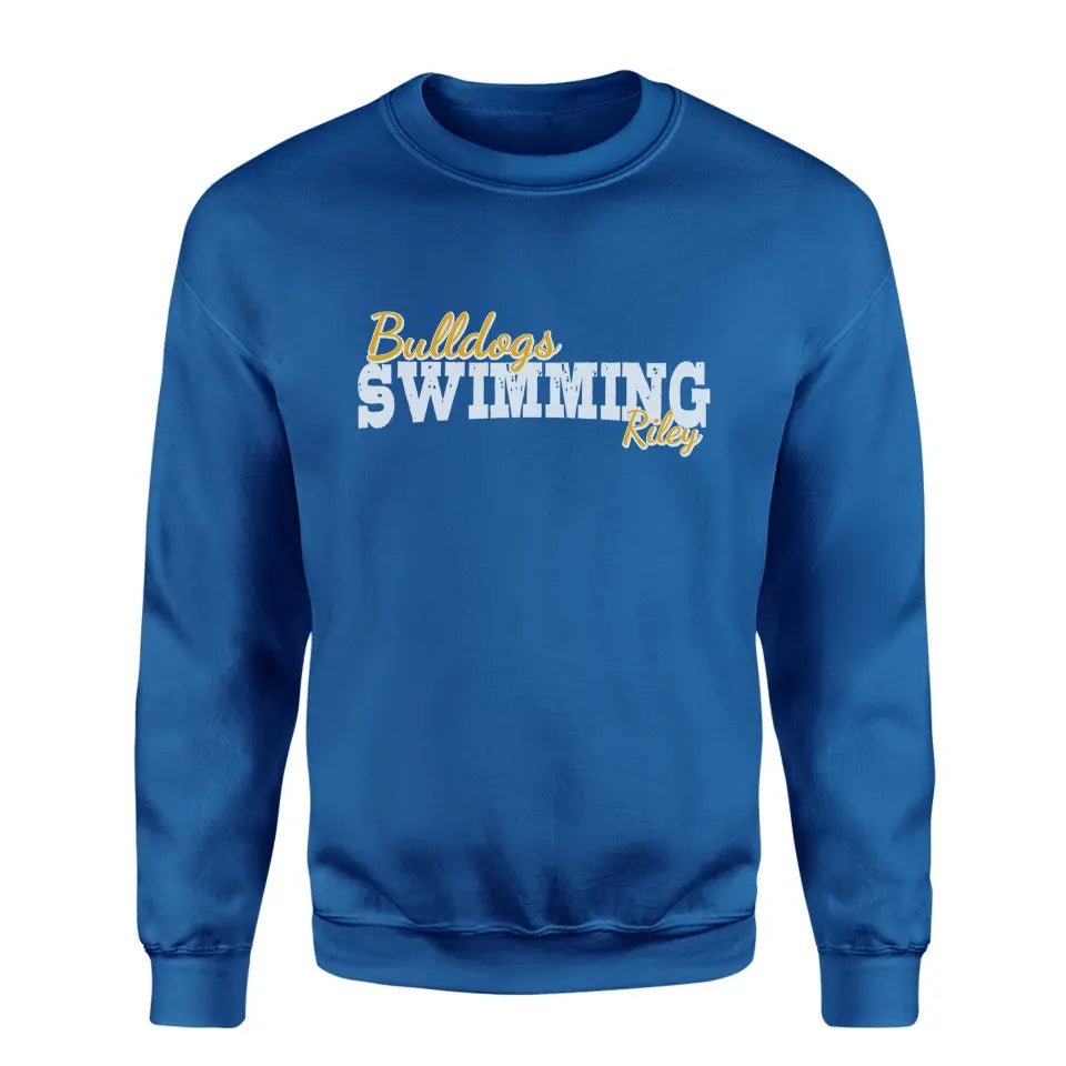 Custom Swimming Mascot and Swimmer Name on a Sweatshirt with a White Graphic