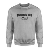 Swimming Mom with Swimmer Icon and Swimmer Name on a Sweatshirt with a Black Graphic