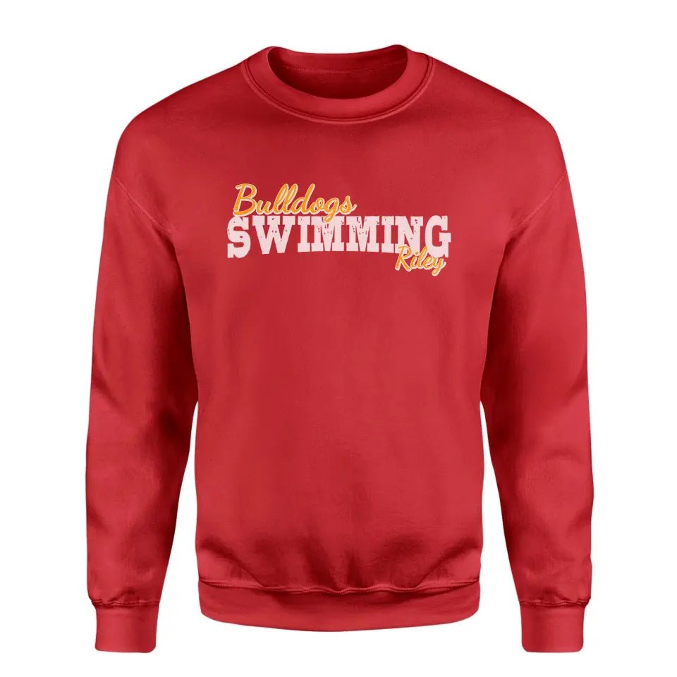 Custom Swimming Mascot and Swimmer Name on a Sweatshirt with a White Graphic