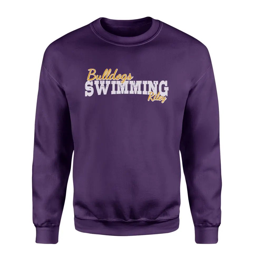 Custom Swimming Mascot and Swimmer Name on a Sweatshirt with a White Graphic