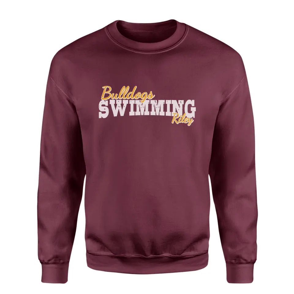 Custom Swimming Mascot and Swimmer Name on a Sweatshirt with a White Graphic
