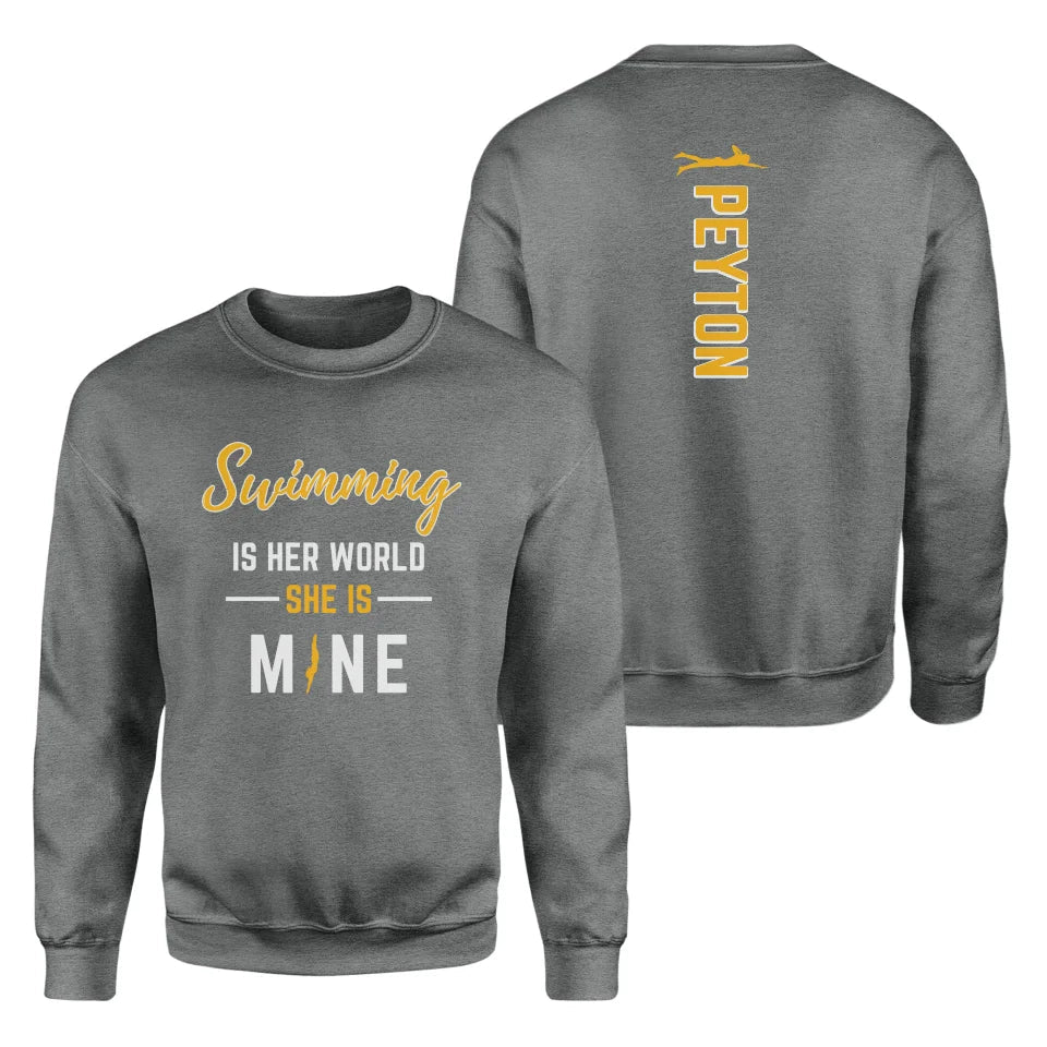 Swimming Is Her World, She Is Mine With Swimmer Name on a Sweatshirt