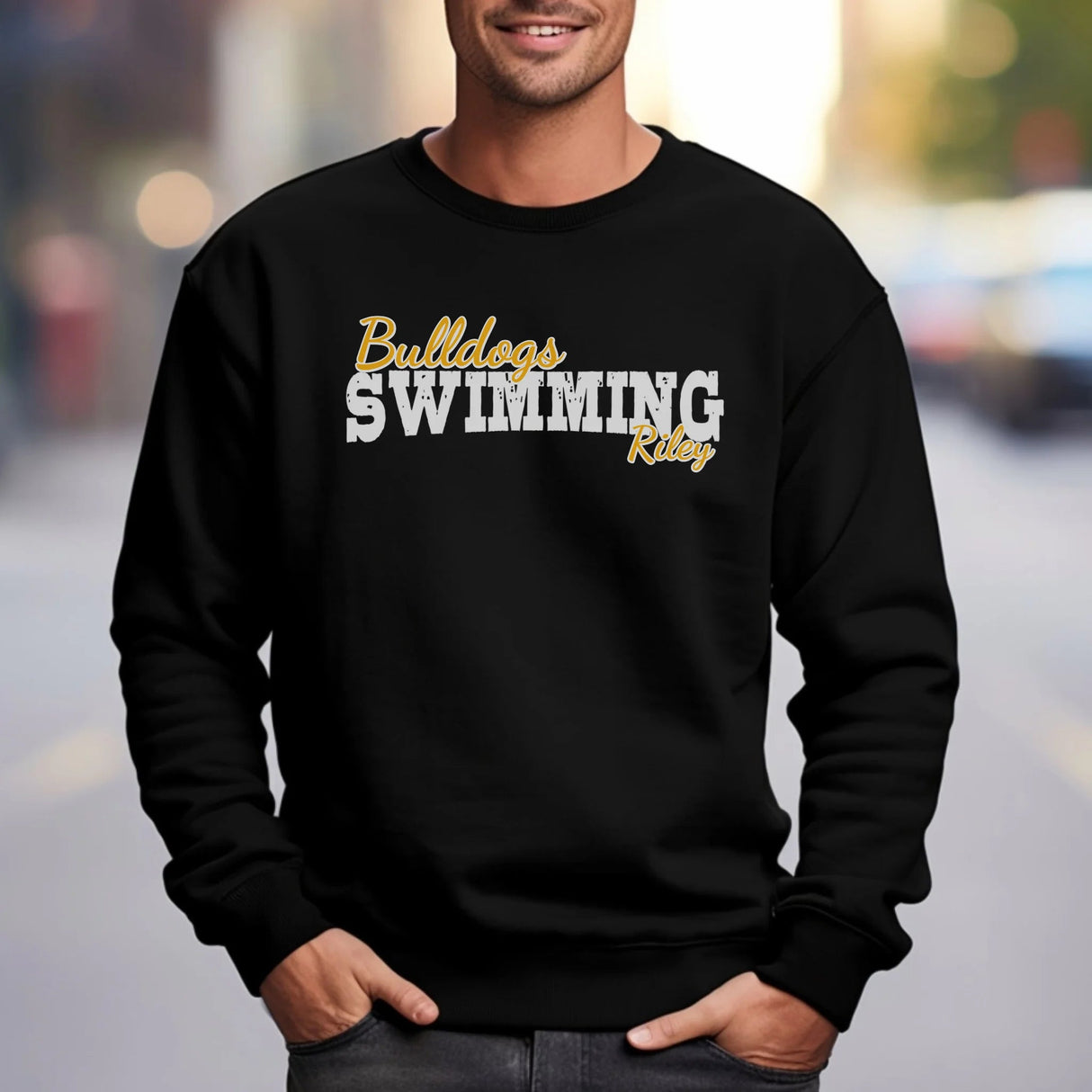 Custom Swimming Mascot and Swimmer Name on a Sweatshirt with a White Graphic