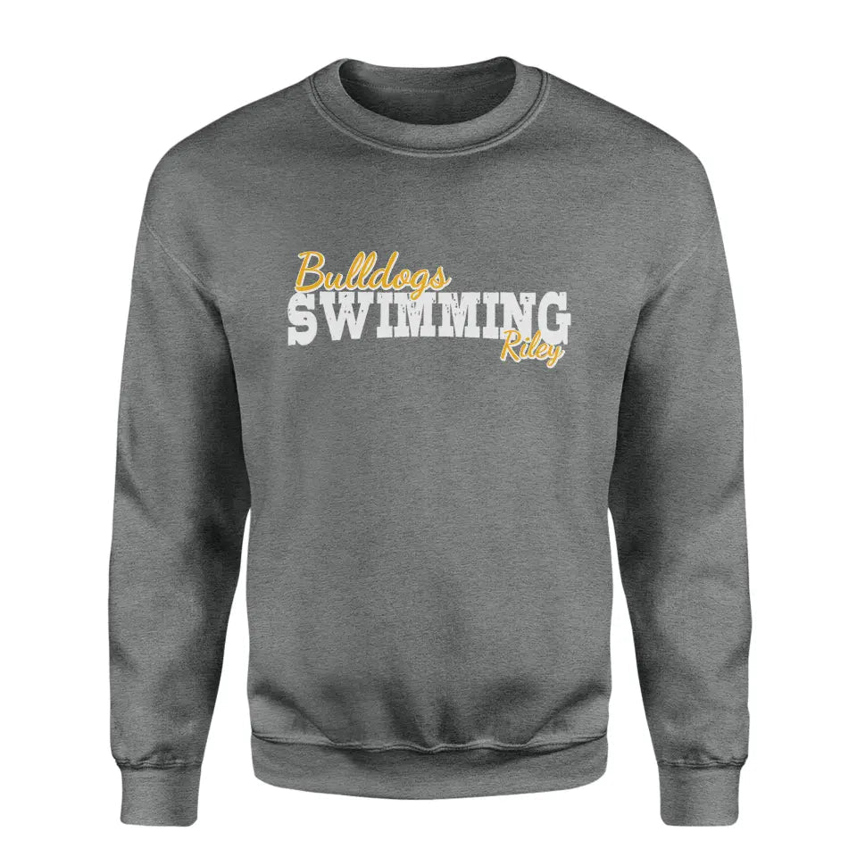 Custom Swimming Mascot and Swimmer Name on a Sweatshirt with a White Graphic