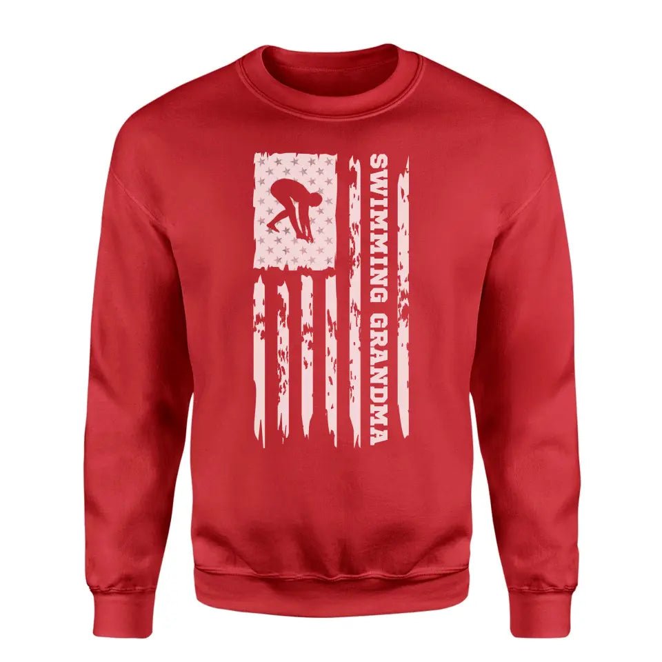 Swimming Grandma Vertical Flag on a Sweatshirt with a White Graphic