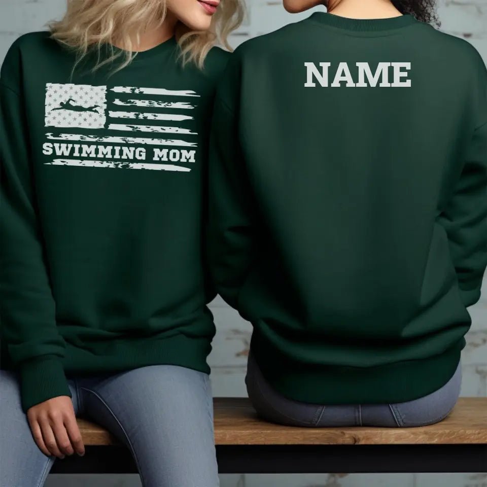 Swimming Mom Horizontal Flag With Swimmer Name on a Sweatshirt with a White Graphic