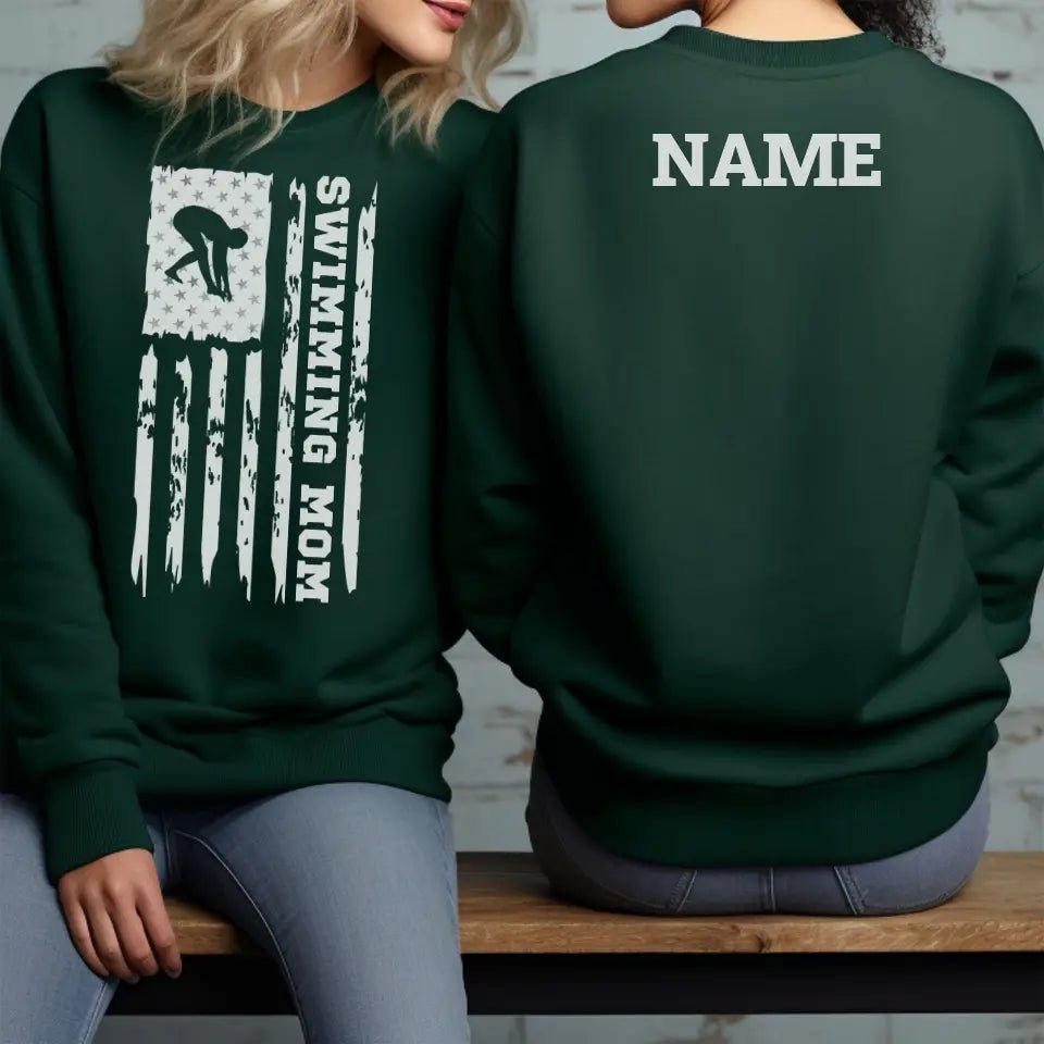 Swimming Mom Vertical Flag With Swimmer Name on a Sweatshirt with a White Graphic