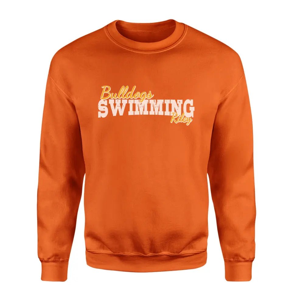 Custom Swimming Mascot and Swimmer Name on a Sweatshirt with a White Graphic