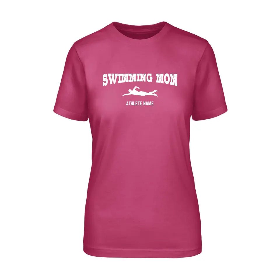 Swimming Mom with Swimmer Icon and Swimmer Name on a Unisex T-Shirt with a White Graphic
