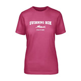 Swimming Mom with Swimmer Icon and Swimmer Name on a Unisex T-Shirt with a White Graphic