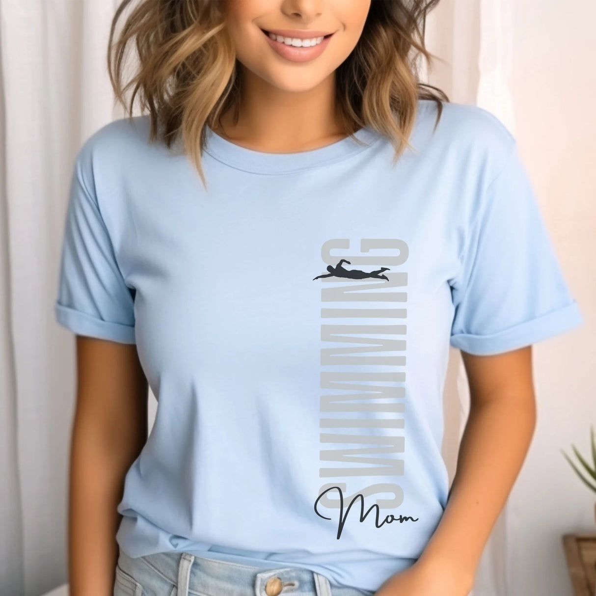 Personalized Swimming Mom Shirt With Mascot, Icon, and Swimmer Name on a Unisex T-Shirt