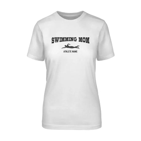 Swimming Mom with Swimmer Icon and Swimmer Name on a Unisex T-Shirt with a Black Graphic