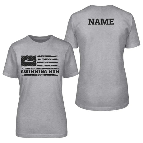 Swimming Mom Horizontal Flag With Swimmer Name on a Unisex T-Shirt with a Black Graphic
