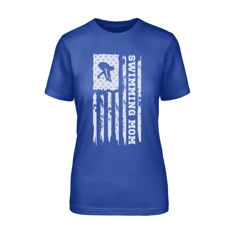 Swimming Mom Vertical Flag on a Unisex T-Shirt with a White Graphic