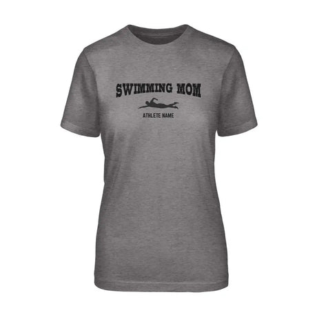 Swimming Mom with Swimmer Icon and Swimmer Name on a Unisex T-Shirt with a Black Graphic