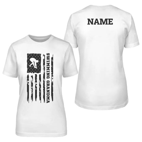 Swimming Grandma Vertical Flag With Swimmer Name on a Unisex T-Shirt with a Black Graphic