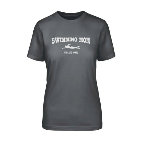 Swimming Mom with Swimmer Icon and Swimmer Name on a Unisex T-Shirt with a White Graphic