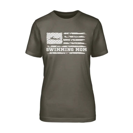 Swimming Mom Horizontal Flag on a Unisex T-Shirt with a White Graphic