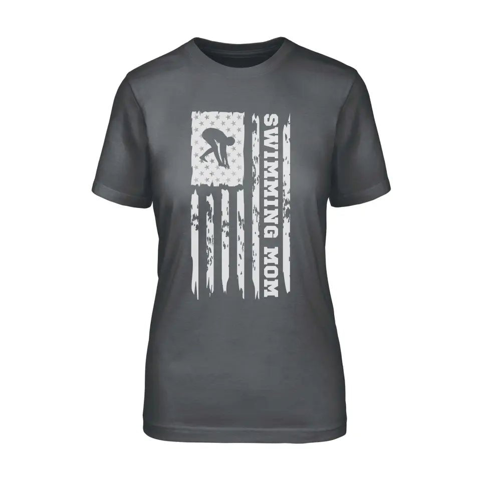 Swimming Mom Vertical Flag on a Unisex T-Shirt with a White Graphic