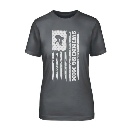 Swimming Mom Vertical Flag on a Unisex T-Shirt with a White Graphic