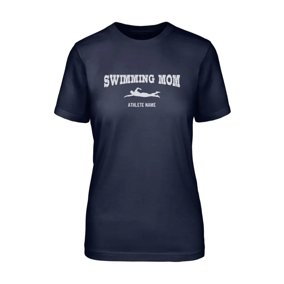 Swimming Mom with Swimmer Icon and Swimmer Name on a Unisex T-Shirt with a White Graphic