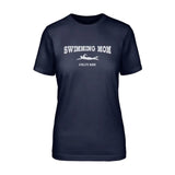 Swimming Mom with Swimmer Icon and Swimmer Name on a Unisex T-Shirt with a White Graphic