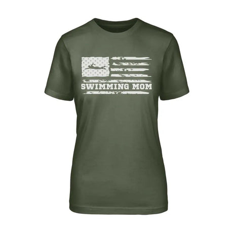 Swimming Mom Horizontal Flag on a Unisex T-Shirt with a White Graphic