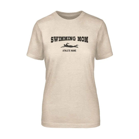 Swimming Mom with Swimmer Icon and Swimmer Name on a Unisex T-Shirt with a Black Graphic