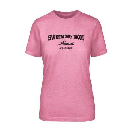 Swimming Mom with Swimmer Icon and Swimmer Name on a Unisex T-Shirt with a Black Graphic