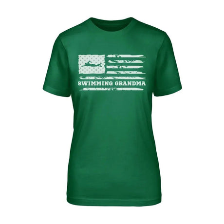 Swimming Grandma Horizontal Flag on a Unisex T-Shirt with a White Graphic