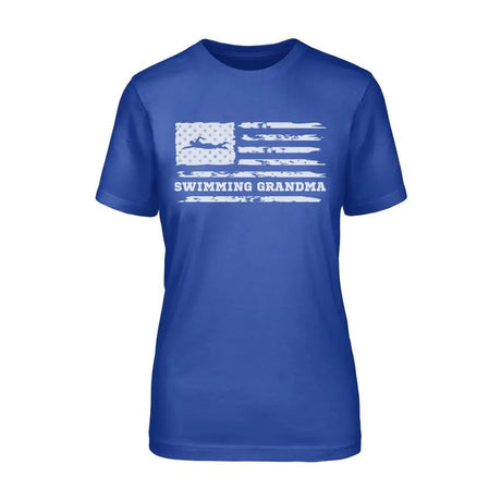 Swimming Grandma Horizontal Flag on a Unisex T-Shirt with a White Graphic