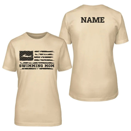 Swimming Mom Horizontal Flag With Swimmer Name on a Unisex T-Shirt with a Black Graphic