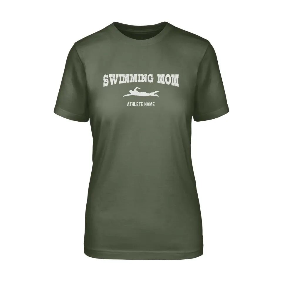 Swimming Mom with Swimmer Icon and Swimmer Name on a Unisex T-Shirt with a White Graphic