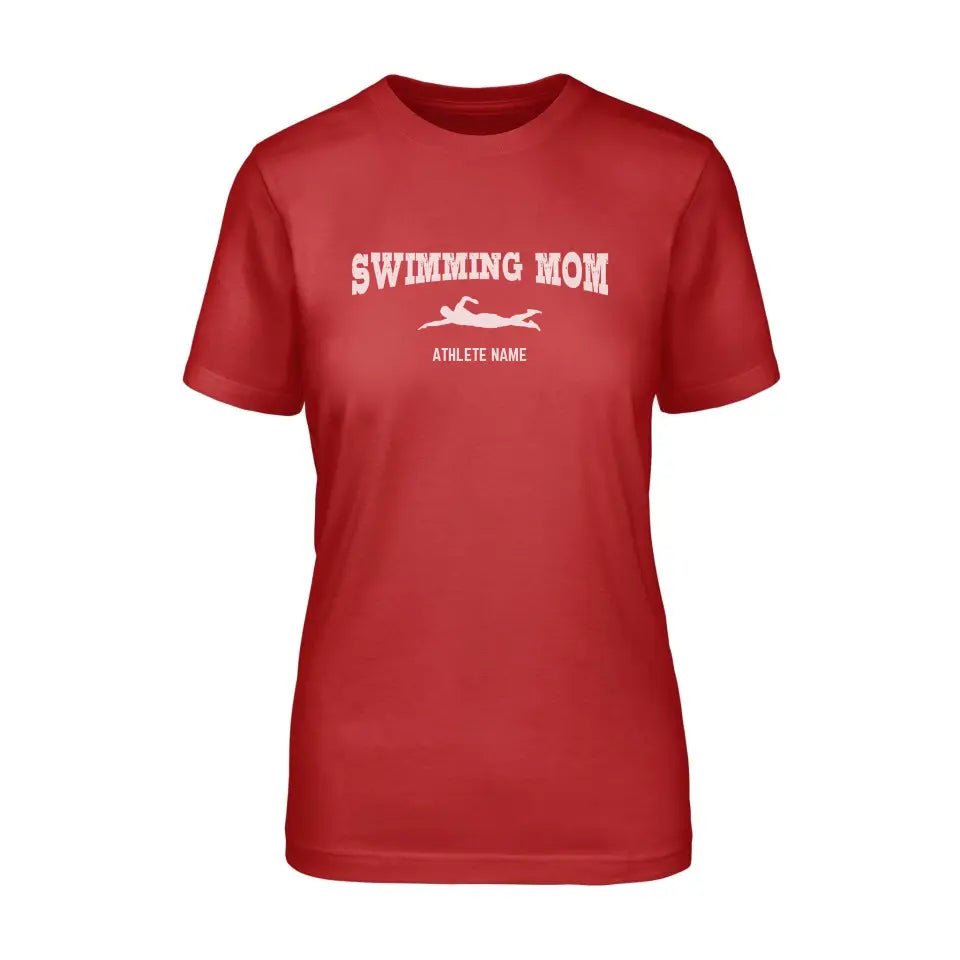 Swimming Mom with Swimmer Icon and Swimmer Name on a Unisex T-Shirt with a White Graphic