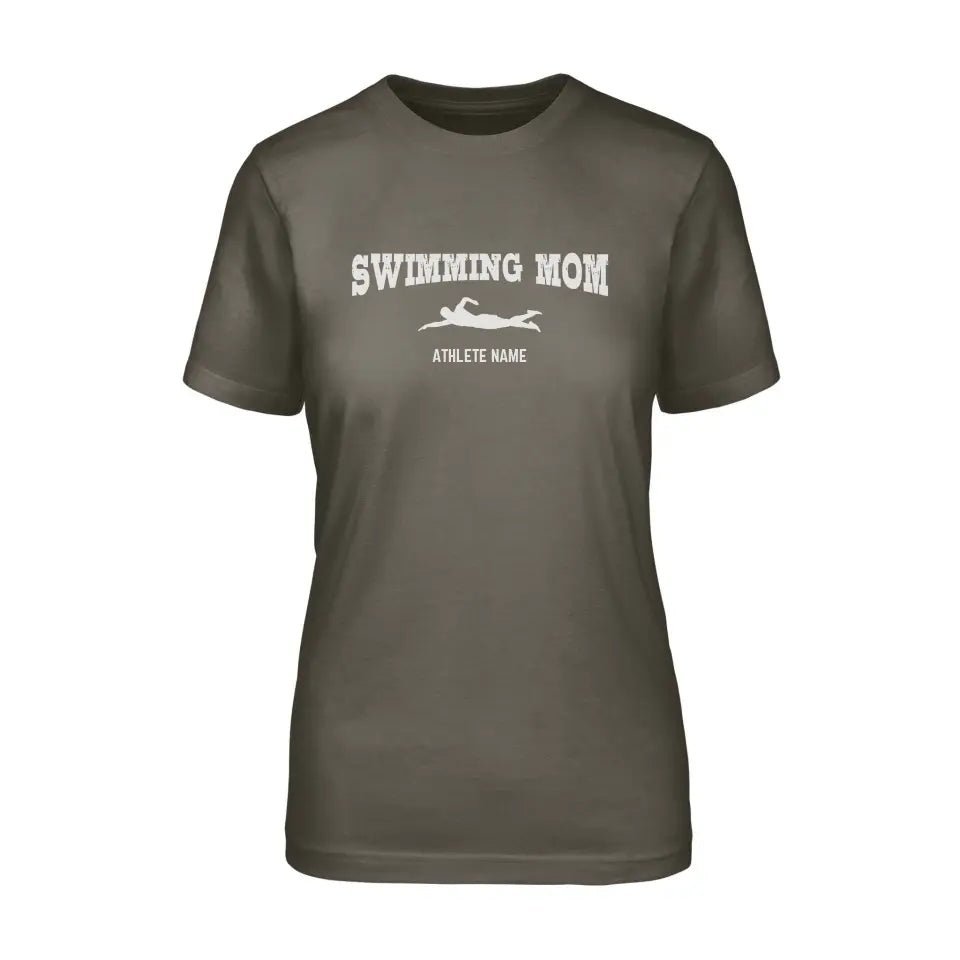 Swimming Mom with Swimmer Icon and Swimmer Name on a Unisex T-Shirt with a White Graphic
