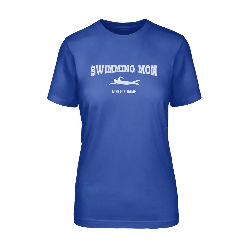 Swimming Mom with Swimmer Icon and Swimmer Name on a Unisex T-Shirt with a White Graphic