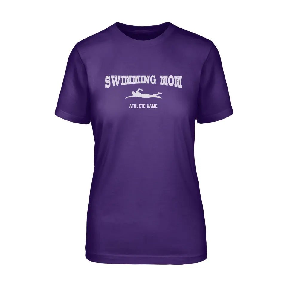 Swimming Mom with Swimmer Icon and Swimmer Name on a Unisex T-Shirt with a White Graphic