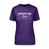 Swimming Mom with Swimmer Icon and Swimmer Name on a Unisex T-Shirt with a White Graphic