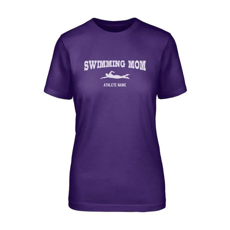 Swimming Mom with Swimmer Icon and Swimmer Name on a Unisex T-Shirt with a White Graphic