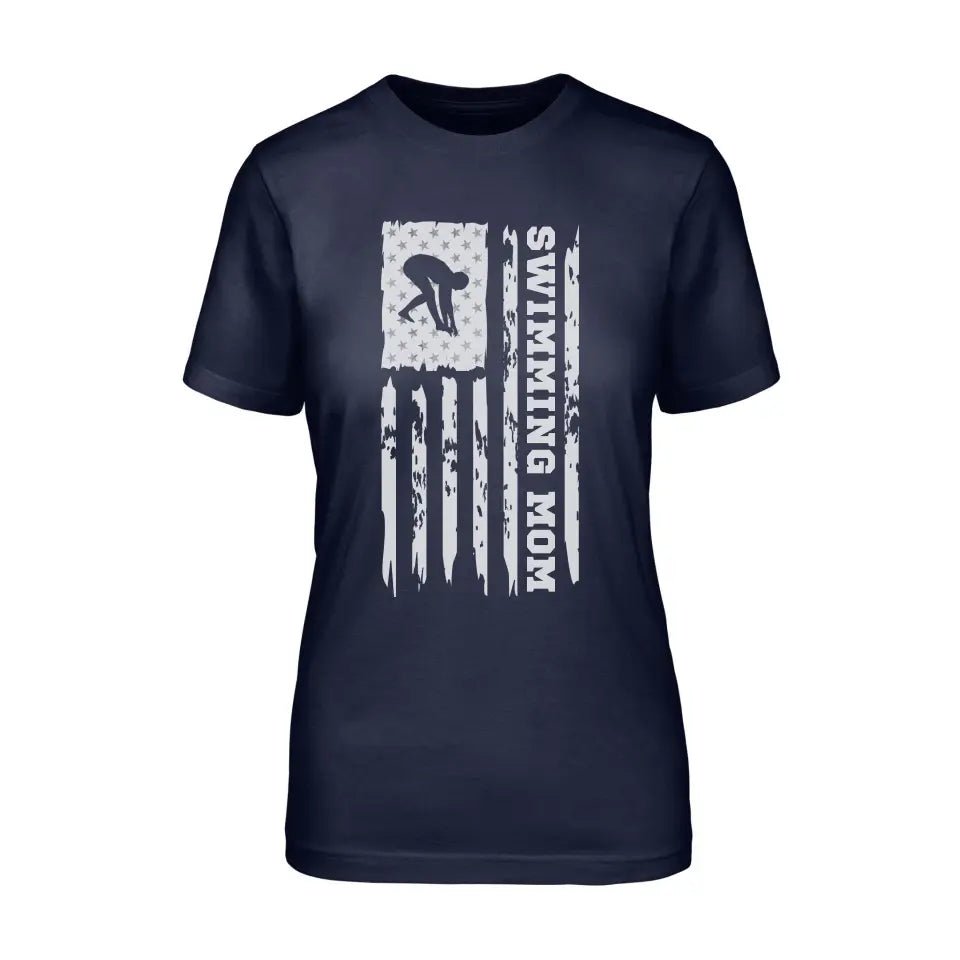 Swimming Mom Vertical Flag on a Unisex T-Shirt with a White Graphic
