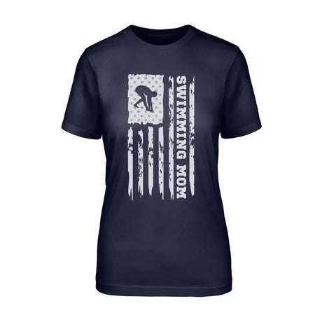 Swimming Mom Vertical Flag on a Unisex T-Shirt with a White Graphic