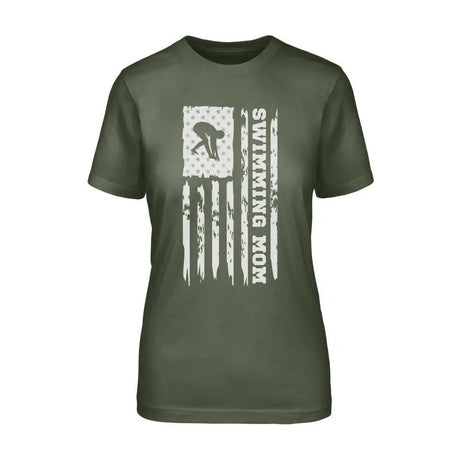 Swimming Mom Vertical Flag on a Unisex T-Shirt with a White Graphic