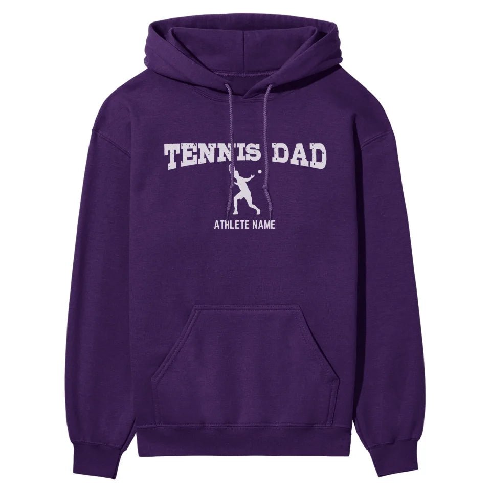 Tennis Dad with Tennis Player Icon and Tennis Player Name on a Hoodie with a White Graphic