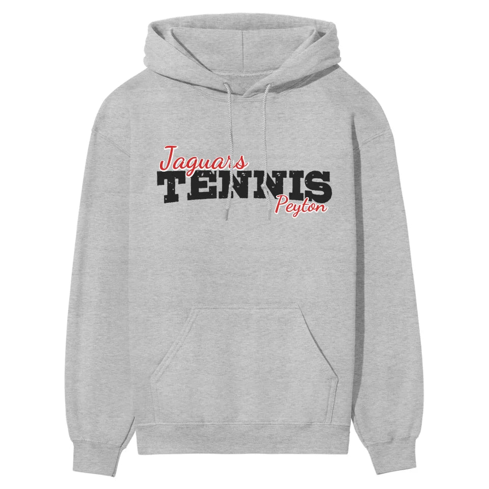 Custom Tennis Mascot and Tennis Player Name on a Hoodie with a Black Graphic